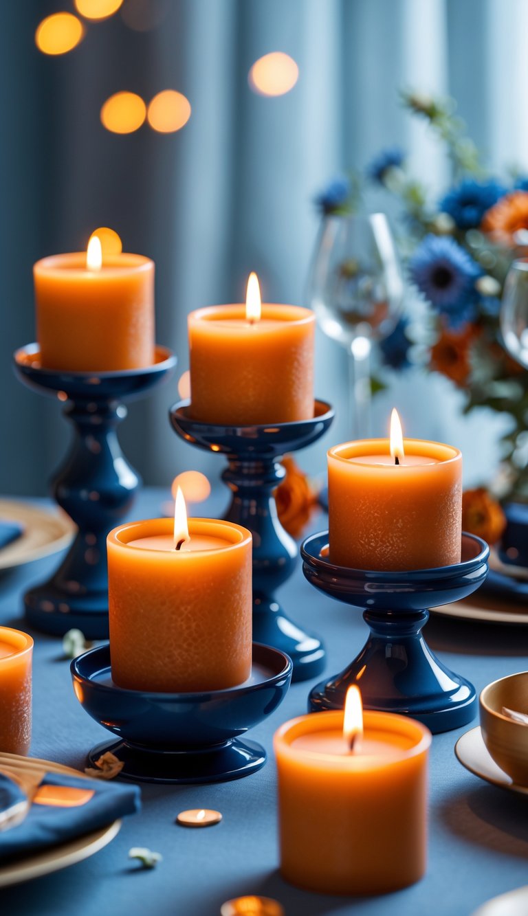 Burnt orange candles in navy blue holders surrounded by dusty blue and burnt orange wedding decor creating warm ambient lighting.